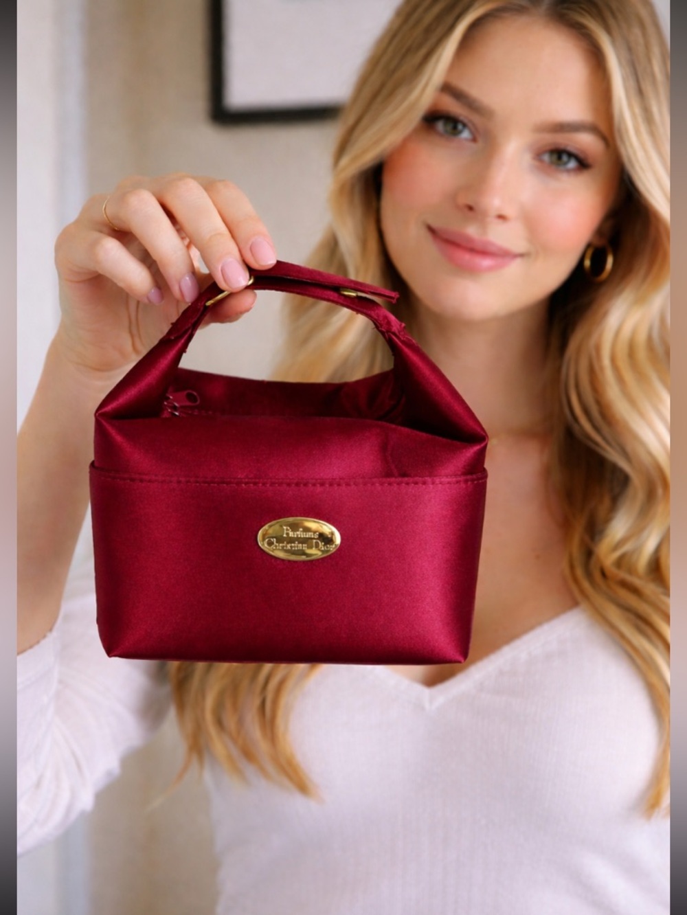 Christian Dior Parfums Burgundy Satin Mini Bag / Cosmetic Case